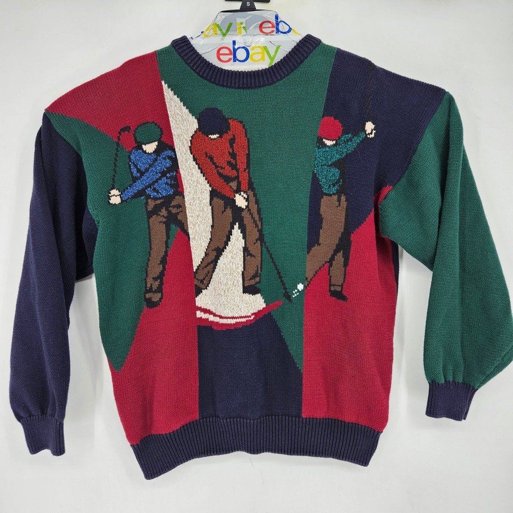 Vtg 90's Cotton Traders Sport Sweater Mens Medium Novelty Golf Knit Color‎ Block